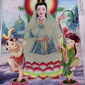 Tranh đính đá thành phẩm Phật quan âm và tiểu đồng tử
