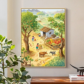 Tranh thêu kín Phong cảnh làng quê, kích thước 50 x 60 cm