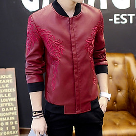 Men's Fashion Embossed Embroidered Leather Jacket Slim Youth Stand Collar Coat
