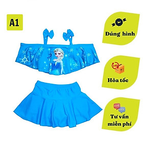 Đồ bơi hai mảnh cho bé gái hình Elsa từ 10-39kg -quần giả váy tạo kín đáo - Áo 2 dây kẹp nơ chân váy