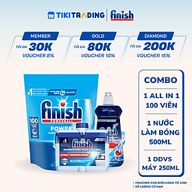Combo Finish nâng cấp: Túi 100 Viên Rửa Bát Everyday Shine All In 1 Max + Nước Làm Bóng Finish 500ml + Dung Dịch Vệ Sinh Máy 250ml