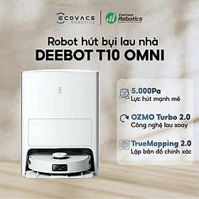 Robot hút bụi lau nhà Ecovacs Deebot T10 Omni - Trắng Bản Quốc tế - App Tiếng Việt, Trợ lý ảo Yiko, hàng nhập khẩu chính hãng full VAT, bảo hành chính hãng 24 tháng bởi Vietnam Robotics, lực hút 5000Pa, thời gian hoạt động 3 giờ liên tục