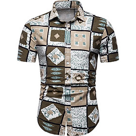 Fun Male Plaid Printed Leisure Shirt of Short Sleeves and Turn-down Top Cardigan Slim Costume