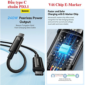 [ C to C ] Cáp sạc nhanh 240W 2 đầu type C PD3.1 e-marker chip Baseus Tungsten Gold CB000038 _ Hàng chính hãng