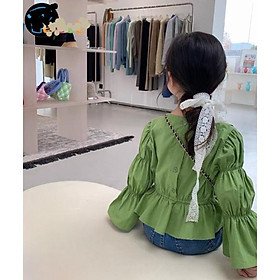 Áo sơ mi dài tay cho bé gái phong cách Hàn Quốc phối đồ đẹp từ 9-30kg chất đũi mềm mát