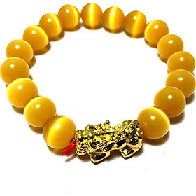 Vòng tay phong thủy đá mắt mèo màu vàng kèm cham tì hiu bạc mạ vàng 24k cao cấp cho người mệnh kim - mệnh thổ - VPT29A- Bạc QTJ (vàng)