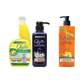 Combo 01 Nước Giặt Queen Hương Hoa Hồng (500ml) + 01 Nước Lau Sàn Queen Hương Sả Gừng (946ml) – Tặng 01 Nước Rửa Chén Queen Hương Cam Quýt (800ml)