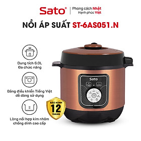 Nồi áp suất đa năng SATO 6AS051.N 6.0L - Nồi áp suất đa chức năng : nấu cơm, nấu cháo, hầm gân, ninh, súp, hấp, giữ ấm ... Dung tích : 6.0 lít phù hợp gia đình 4 - 6 người - Miễn phí vận chuyển toàn quốc - Hàng chính hãng