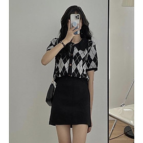 ÁO LEN CÀI CÚC POLO CROPTOP HOẠ TIẾT CARO QUẢ TRÁM