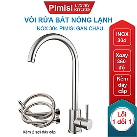 Vòi rửa bát nóng lạnh inox 304 Pimisi dùng cho chậu rửa chén bát trong nhà bếp gắn chậu - bàn đá, quay 360 độ dùng được cho chậu rửa chén 2 hố - đã kèm 2 sợi dây cấp nước | Hàng chính hãng