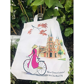 Túi Tote Vải Canvas - Quà Lưu Niệm - Nhà Thờ Đức Bà và Nữ Sinh Áo Dài - TVCV02