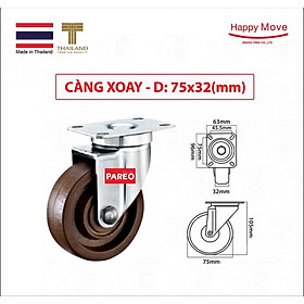 Bánh xe nhựa chịu nhiệt dành cho thiết bị Nung/ nướng/ hấp/ sấy - càng xoay - Thương hiệu Happy Move Thái Lan (màu nâu)