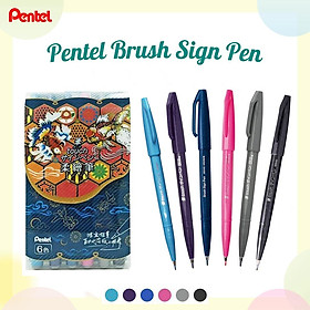Set 6 Bút Viết Thư Pháp Calligraphy Pentel Brush Sign Pen SES15C