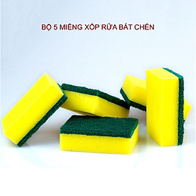 Bộ 5 miếng xốp rửa bát chén 2 mặt với 1 mặt ráp 10x7x3cm vàng xanh