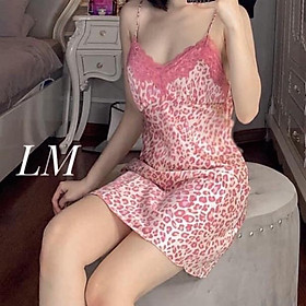 Váy ngủ lụa satin beo Hồng- đầm ngủ lụa cao cấp kèm mút ngực