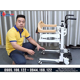 Ghế nâng hạ bệnh nhân ghép 2 mảnh, Xe lăn đa năng tự đón bệnh nhân không cần bế, Bô vệ sinh, Tắm trên xe