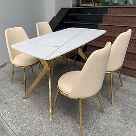 Hình ảnh Bộ bàn ghế phòng ăn Tundo bàn mặt đá 4 ghế chân inox mạ vàng