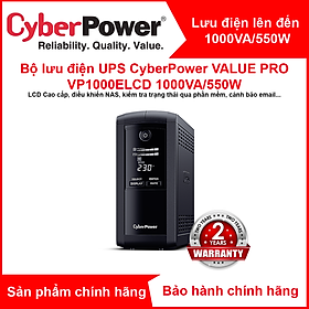 Bộ lưu điện UPS CyberPower VALUE Pro VP1000ELCD - 1000VA/550W - Tích hợp điều khiển Nas, Màn hình hiển thị LCD, dòng sản phẩm cao cấp - Hàng Chính Hãng
