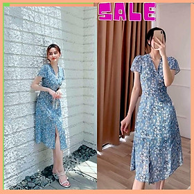 Váy hoa nhí mini xẻ tà form dài cổ chữ V nhún ngực xinh yêu đủ size s m l xl (43-63kg)