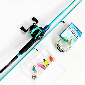 Bộ cần câu lure máy ngang cao cấp SaSuKe xanh ngọc tặng kèm dây câu lure x8 pillbull và hộp mồi