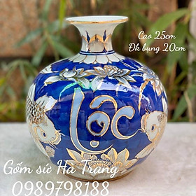 Bình hút tài lộc gốm sứ Bát Tràng cao cấp vẽ vàng 24k các hoạ tiết trên nền xanh cao 25cm