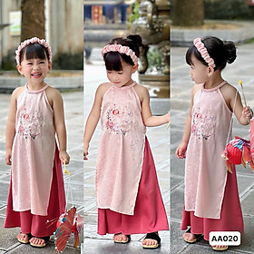 Áo dài tết cho bé gái mẫu cổ yếm xinh xắn diện lễ tết trung thu năm mới từ 10-40kg kèm cài