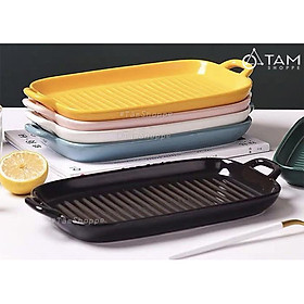 Chảo gốm sứ cao cấp chữ nhật có khía 2 quai cầm trơn màu Nordic Style