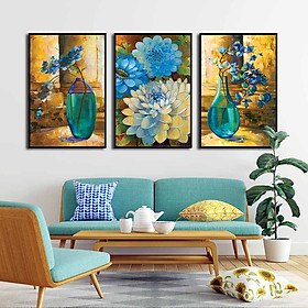 Bộ 3 tranh canvas treo tường Decor bình hoa cách điệu màu xanh tím - DC049
