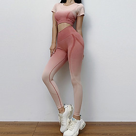 Bộ đồ tập gym nữ quần dài thể thao và áo crop top tay ngắn