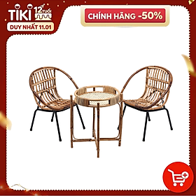 Mua (Combo siêu tiết kiệm) Bộ bàn ghế mây sò tự nhiên và bàn gỗ me tây  phù hợp làm quán Cafe / ban công gia đình / Homestay