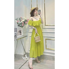 Đầm maxi trễ vai chất đũi dáng dài chun eo 3 tầng, váy đi biển đi du lịch trễ vai chiết eo tôn dáng