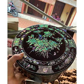 Tráp tròn gỗ gụ, khảm xà cừ ốc đỏ đẹp long lanh trang trí phòng khách kt tròn 30 cao 12cm 