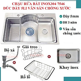 Mua Chậu rửa bát inox304 bán nguyệt ĐÚC dày 5li chống xước 7546 Valenza kiểu dáng Hàn Quốc kèm khay inox  rổ lỗ  bộ xả 18cm-Hàng chính hãng