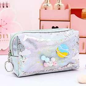 Hộp bút siêu rộng hình vũ trụ chống thấm phối hạt sequin lấp lánh chuyển động họa tiết in laser sắc nét – H045