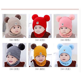 Set mũ len 2 bông và khăn len cho bé 6 tháng đến 3 tuổi