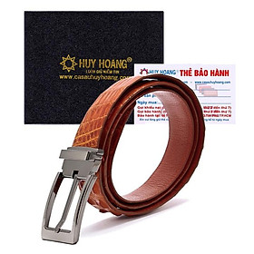 Dây nịt nam da cá sấu Huy Hoàng đầu kim 3,5P màu vàng bò HT4829