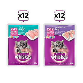 Combo Whiskas mèo con 80g mix 2 vị cá ngừ + cá thu - 24 túi