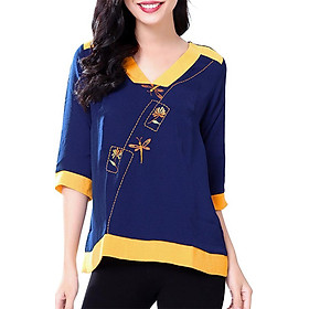 Áo Thêu Cổ V Oversize An Thủy 686 - Xanh Đen