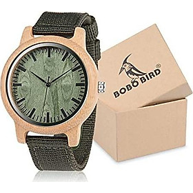 BOBO BIRD Unisex Bamboo Wooden Watch for Men and Women Analog Quartz Lightweight Handmade Casual Watches with Green Nylon Strap