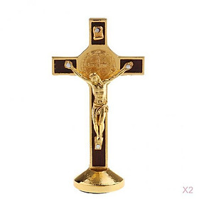 2Pcs Crucifix Cross Statue Figurine for Christian Religious Saint Decor