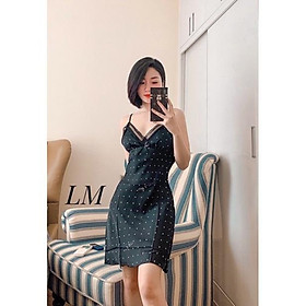 Váy ngủ có mút ngực chấm bi lụa satin sexy cao cấp Đầm mặc nhà gợi cảm quyến rũ