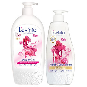 Combo Sữa Tắm L'evinia NANO Chống Nắng 500g & Sữa Dưỡng Thể Trắng Mịn, Trẻ Hóa Da Collagen 250g - TẶNG 1 Kem Tẩy Lông CARISA nhập khẩu từ Tây Ban Nha