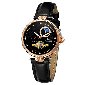 Đồng hồ đeo tay nữ FORSINING thiết kế dây da thời trang, chuyển động cơ học, khả năng chống nước cao 3ATM-Màu Đen & Vàng hồng