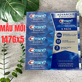 SET 5 TUÝP KEM ĐÁNH RĂNG CREST 3D WHITE ADVANCED TRIPLE WHITENING 158Gx5 HÀNG NHẬP MỸ KHÁNG KHUẨN TRẮNG RĂNG THƠM MIÊNG( MẪU MỚI )