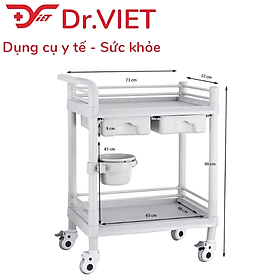 Xe đẩy dụng cụ tiêm nhựa ABS. Loại 2 tầng cỡ lớn, 2 hộc kéo, 1 chậu