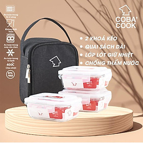 Mua Bộ túi hộp đựng cơm thủy tinh chịu nhiệt COBA COOK 3 hộp chữ nhật 370ml và 1 túi giữ nhiệt -CCL33BS