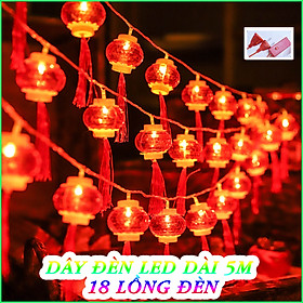 Dây Đèn LED Dài 5M 16-18 Đèn Lồng Đỏ, Trang Trí Lễ Tết Năm Mới/ Dây Lồng Đèn Trang Trí , Nguồn 220v kiểu tròn - dài, có box và đầu nối