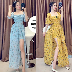 Đầm maxi hoa xòe tay phồng nhúng ngực xẻ đùi HÀNG THIẾT KẾ