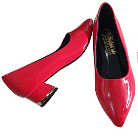 Giày cao gót bít mũi đế vuông 3cm Trường Hải da bóng màu đỏ thời trang cao cấp CG0121