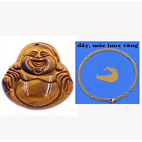 Mặt Phật Di lặc đá mắt hổ vàng đen 2.9 cm kèm vòng cổ dây chuyền inox + móc inox vàng, mặt dây chuyền Phật cười